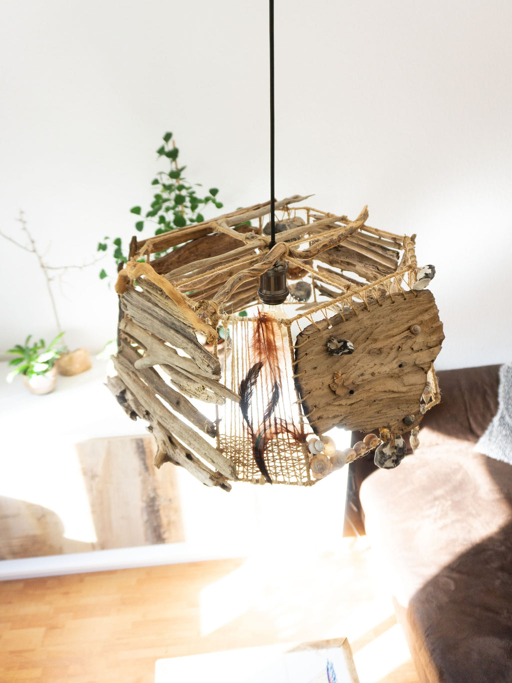Unique octagonal DRIFTWOOD PENDANT LIGHT 'Kopenhagen', hand-crafted ceiling lamp by StoneSoftArt