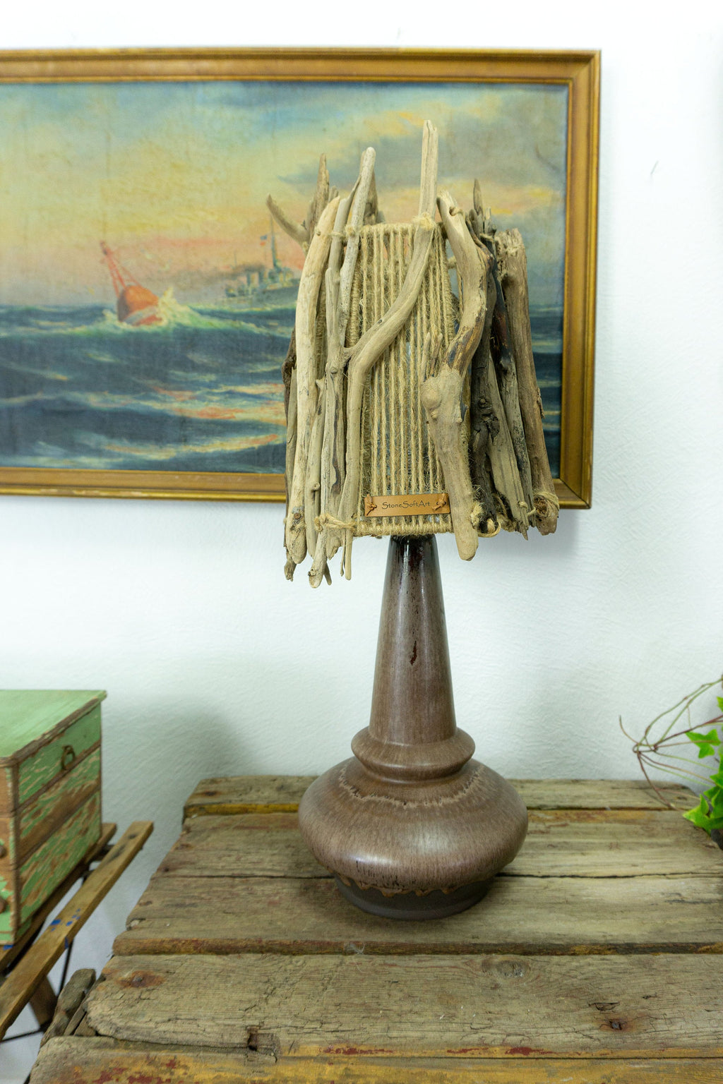 Unique DRIFTWOOD TABLE LAMP 'Helsinki' with Danish midcentury ceramic foot, hand-crafted light by StoneSoftArt