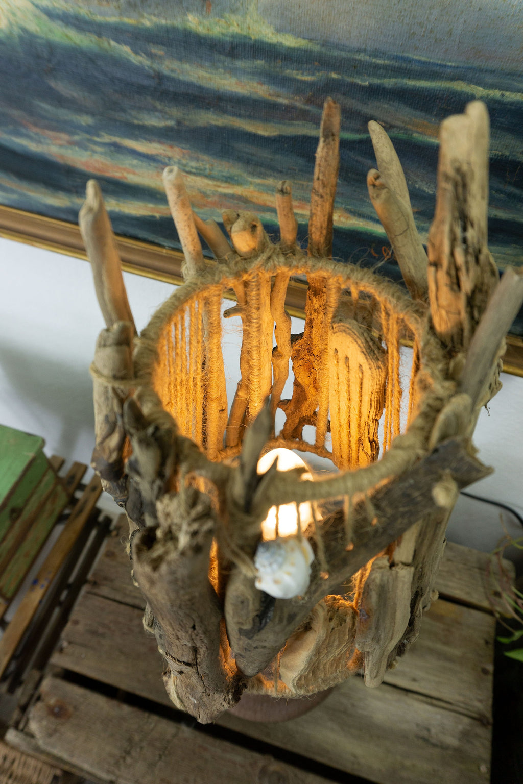 Unique DRIFTWOOD TABLE LAMP 'Helsinki' with Danish midcentury ceramic foot, hand-crafted light by StoneSoftArt