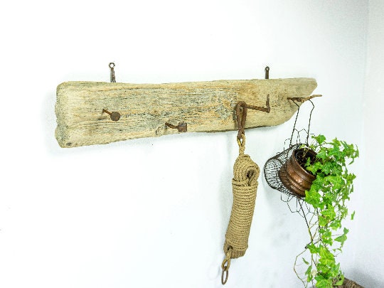 Large Rustic DRIFTWOOD HOOK BAR, indoor outdoor use wardrobe with antique nail hooks