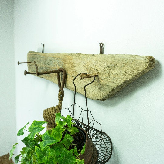 Large Rustic DRIFTWOOD HOOK BAR, indoor outdoor use wardrobe with antique nail hooks