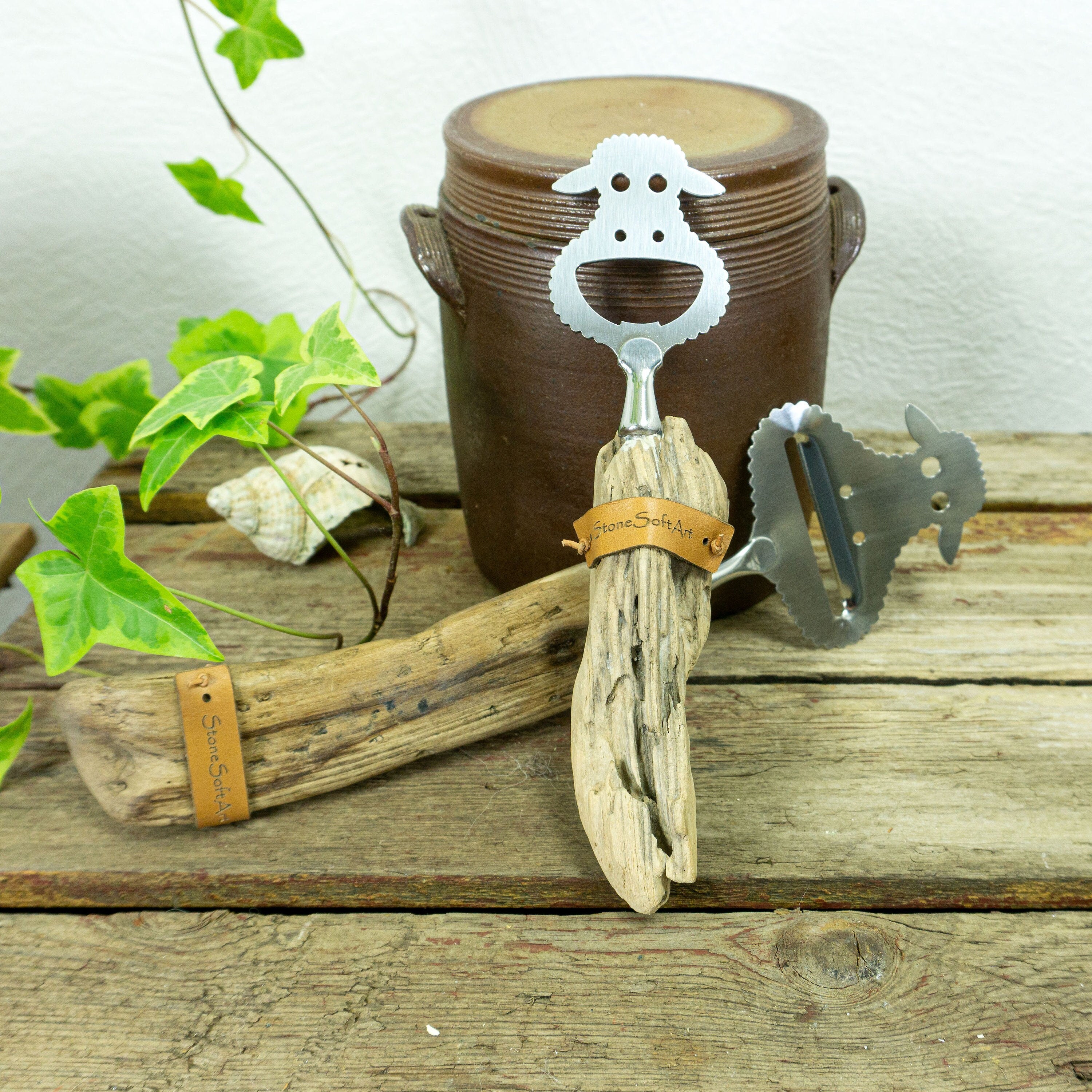 BOTTLE OPENER 'Sheep Shawn' with DRIFTWOOD handle, sheep cutlery, handcrafted by StoneSoftArt