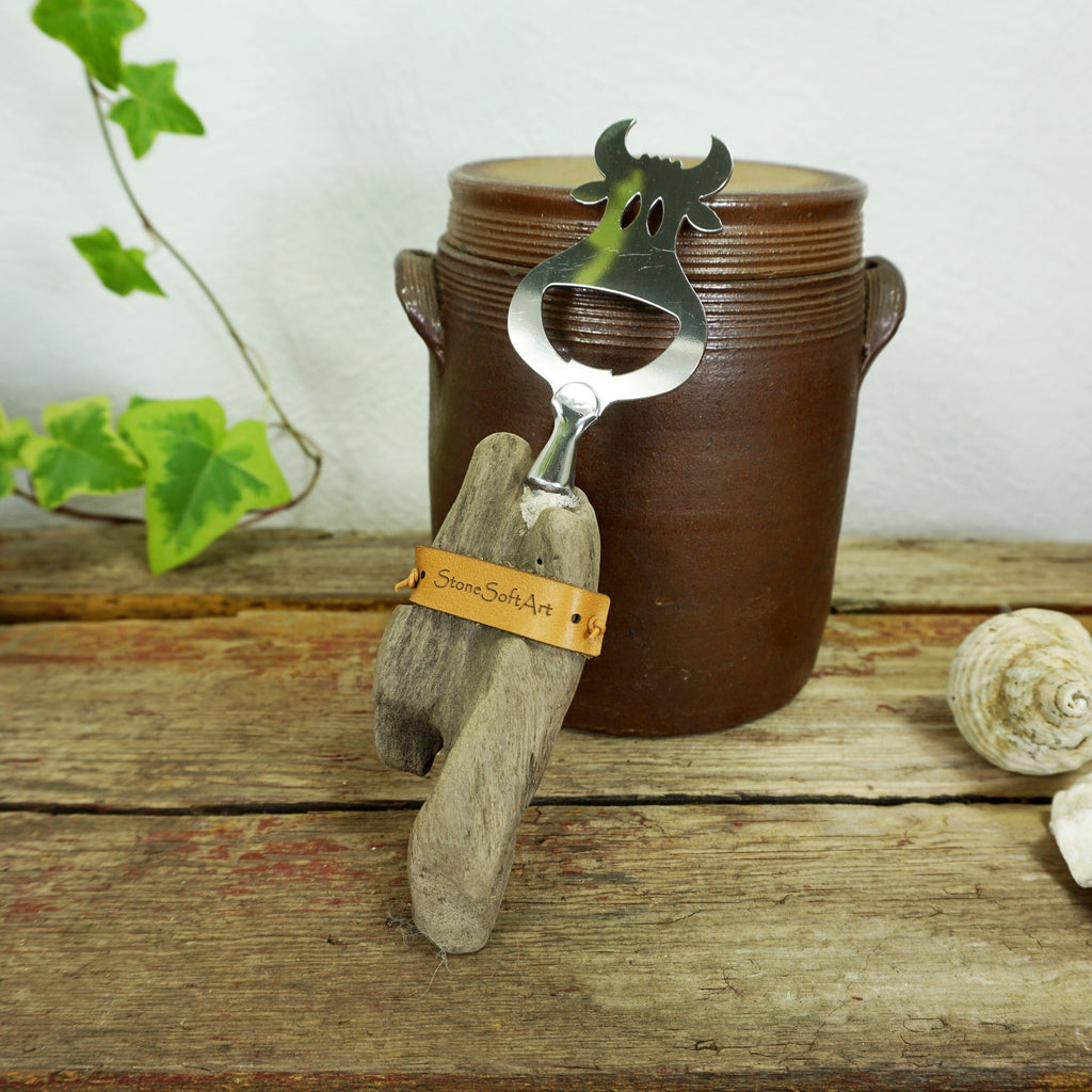 BOTTLE OPENER 'Cow Conny' with DRIFTWOOD handle, cow cutlery, handcrafted by StoneSoftArt