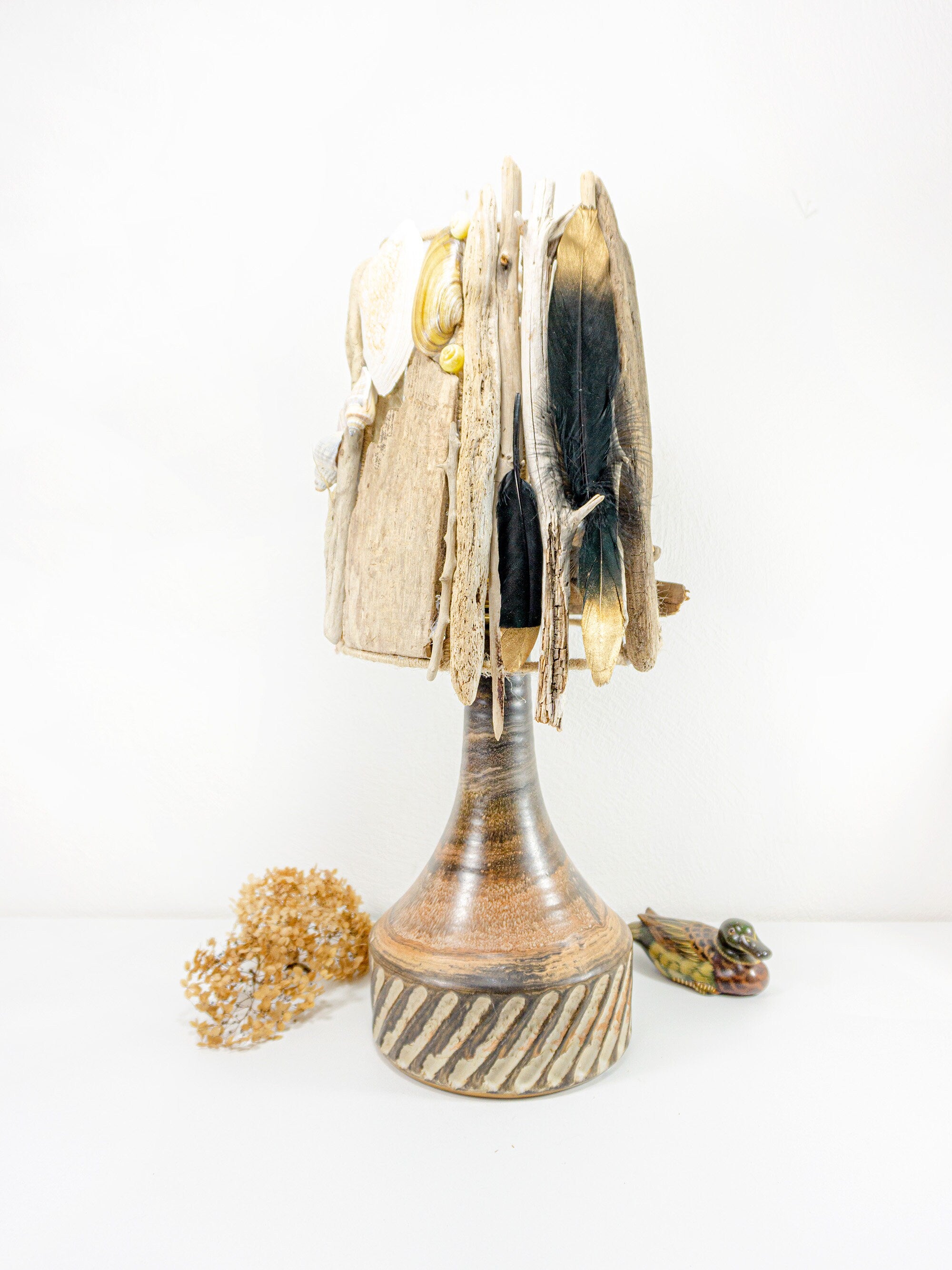 XXL DRIFTWOOD Table LAMP 'Smilla' with 1970s Danish midcentury ceramic design base, hand-crafted rustic wooden light by StoneSoftArt