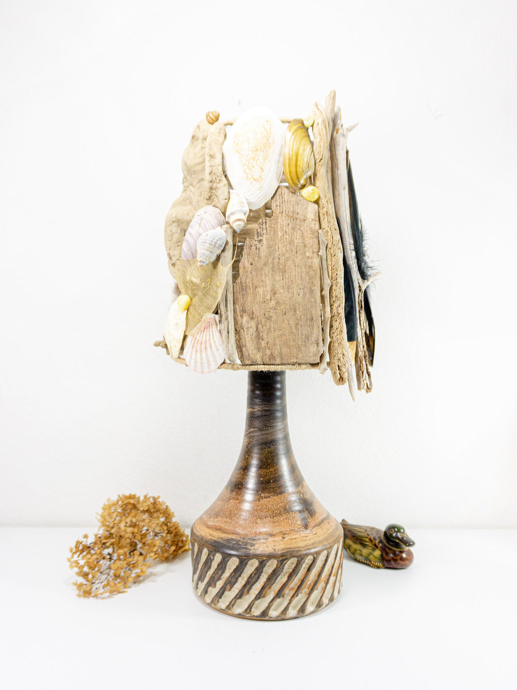 XXL DRIFTWOOD Table LAMP 'Smilla' with 1970s Danish midcentury ceramic design base, hand-crafted rustic wooden light by StoneSoftArt