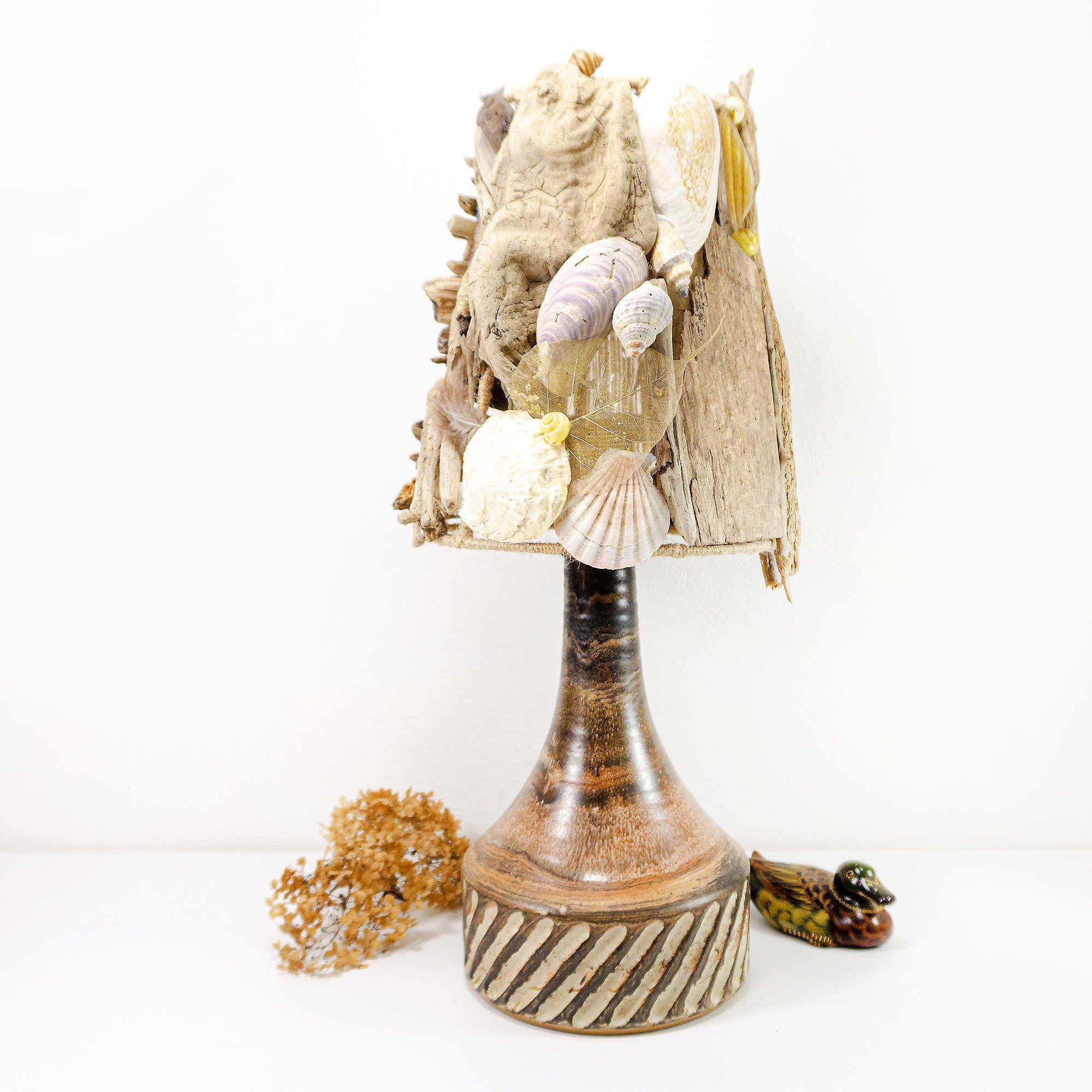 XXL DRIFTWOOD Table LAMP 'Smilla' with 1970s Danish midcentury ceramic design base, hand-crafted rustic wooden light by StoneSoftArt