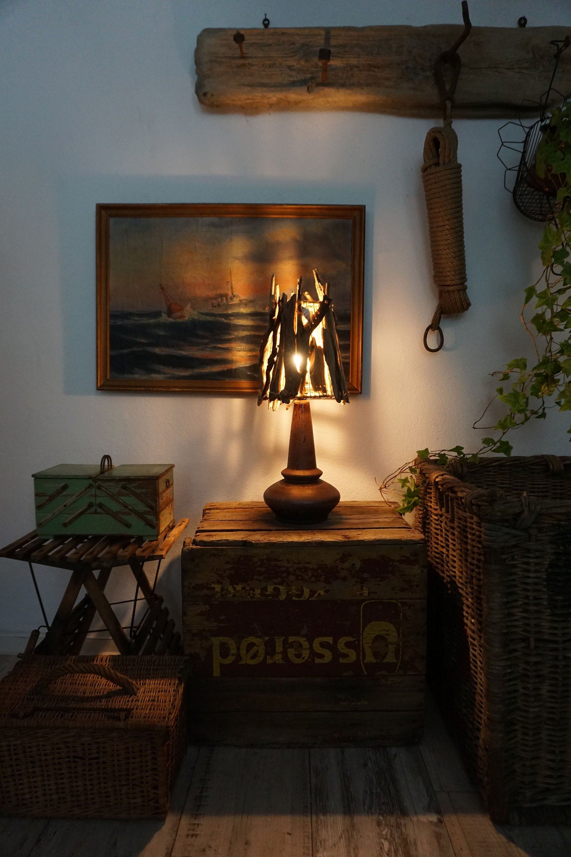 Unique DRIFTWOOD TABLE LAMP 'Helsinki' with Danish midcentury ceramic foot, hand-crafted light by StoneSoftArt