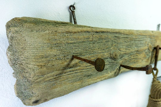 Large Rustic DRIFTWOOD HOOK BAR, indoor outdoor use wardrobe with antique nail hooks