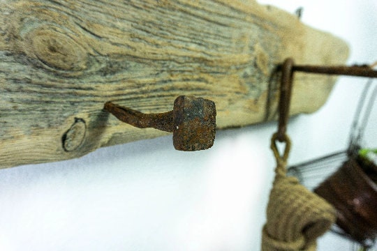 Large Rustic DRIFTWOOD HOOK BAR, indoor outdoor use wardrobe with antique nail hooks