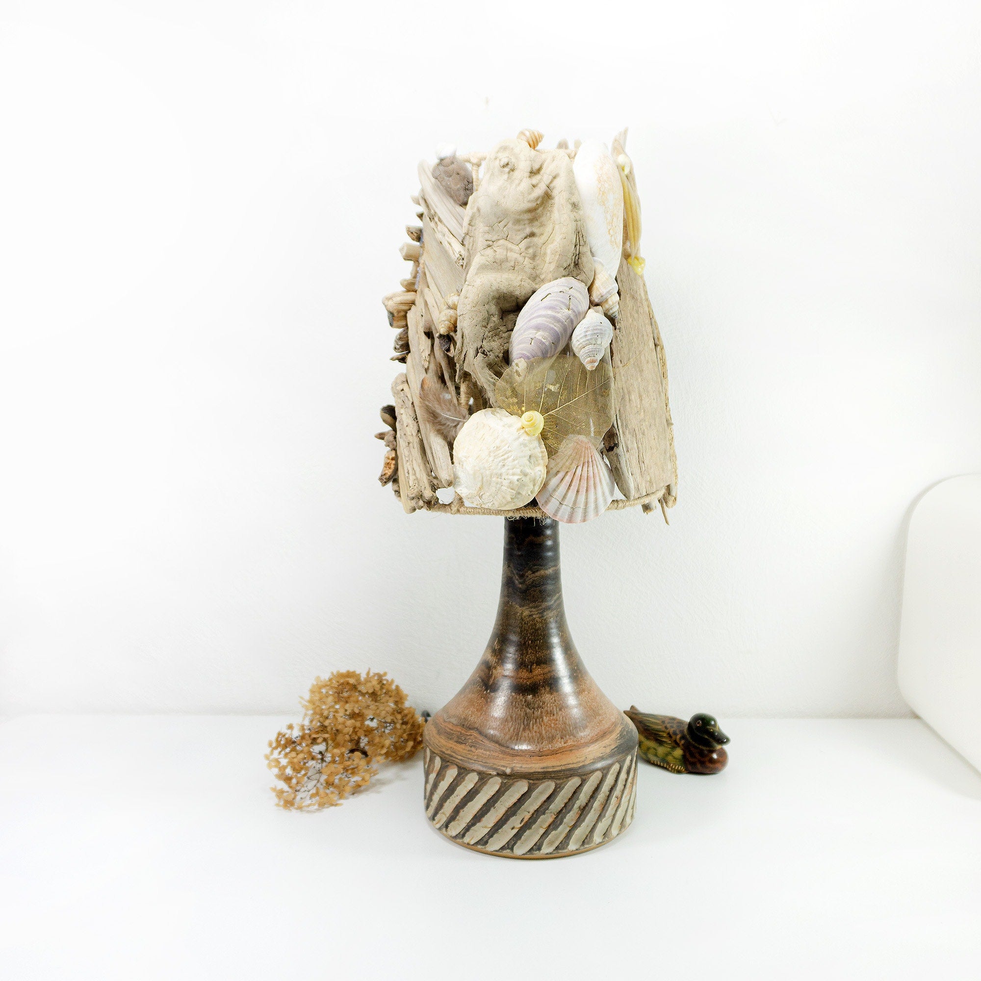 XXL DRIFTWOOD Table LAMP 'Smilla' with 1970s Danish midcentury ceramic design base, hand-crafted rustic wooden light by StoneSoftArt