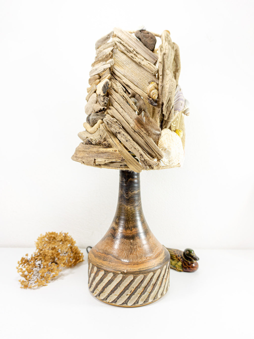 XXL DRIFTWOOD Table LAMP 'Smilla' with 1970s Danish midcentury ceramic design base, hand-crafted rustic wooden light by StoneSoftArt
