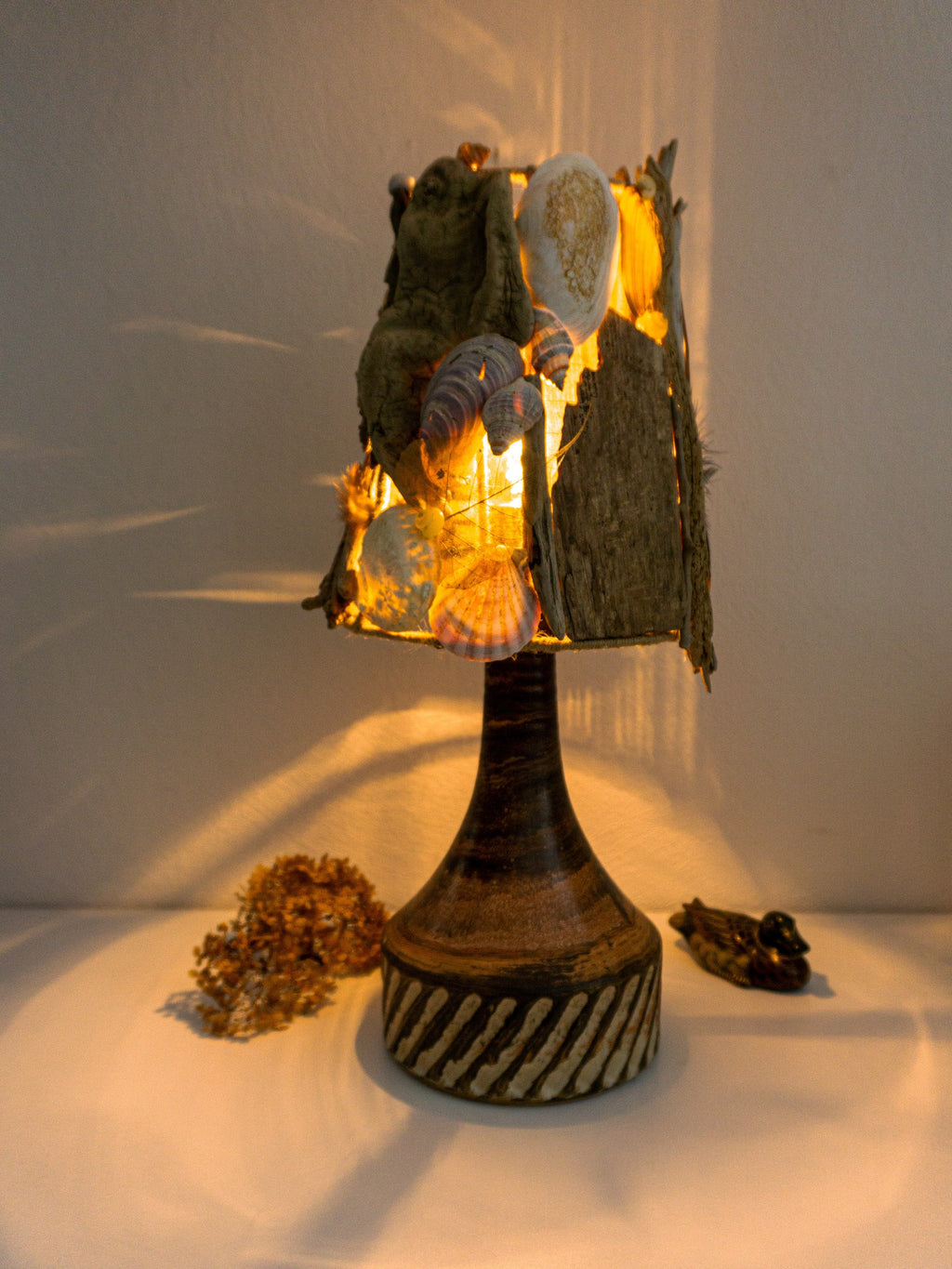 XXL DRIFTWOOD Table LAMP 'Smilla' with 1970s Danish midcentury ceramic design base, hand-crafted rustic wooden light by StoneSoftArt