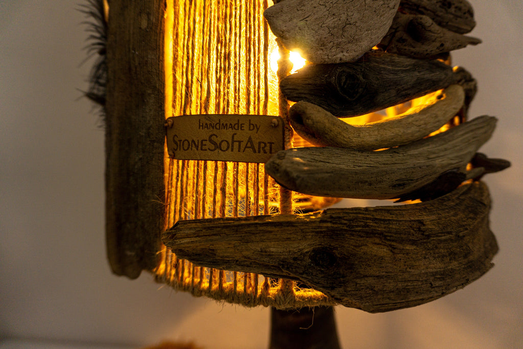 XXL DRIFTWOOD Table LAMP 'Smilla' with 1970s Danish midcentury ceramic design base, hand-crafted rustic wooden light by StoneSoftArt