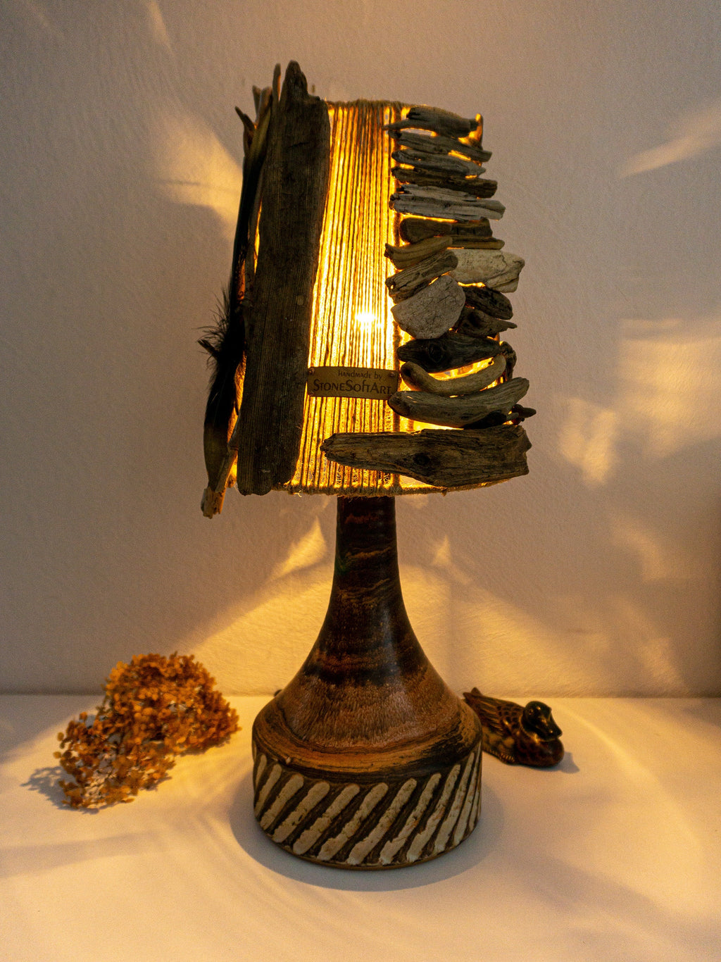 XXL DRIFTWOOD Table LAMP 'Smilla' with 1970s Danish midcentury ceramic design base, hand-crafted rustic wooden light by StoneSoftArt